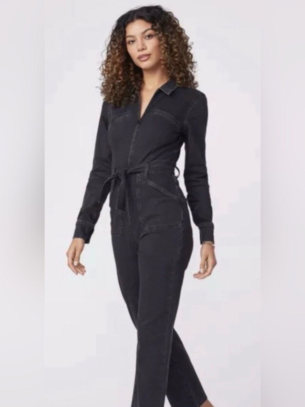 PAIGE Denim Jett Zip Up Long Sleeve Utility Jumpsuit in Black Dove size 0